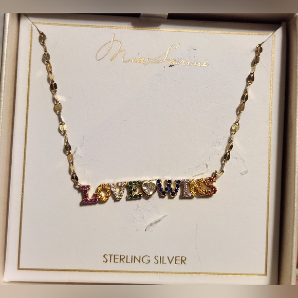 LOVE WINS Sterling Silver Plated Colorful CZ Rainbow Necklace in Gift Box NWOT - Picture 2 of 5